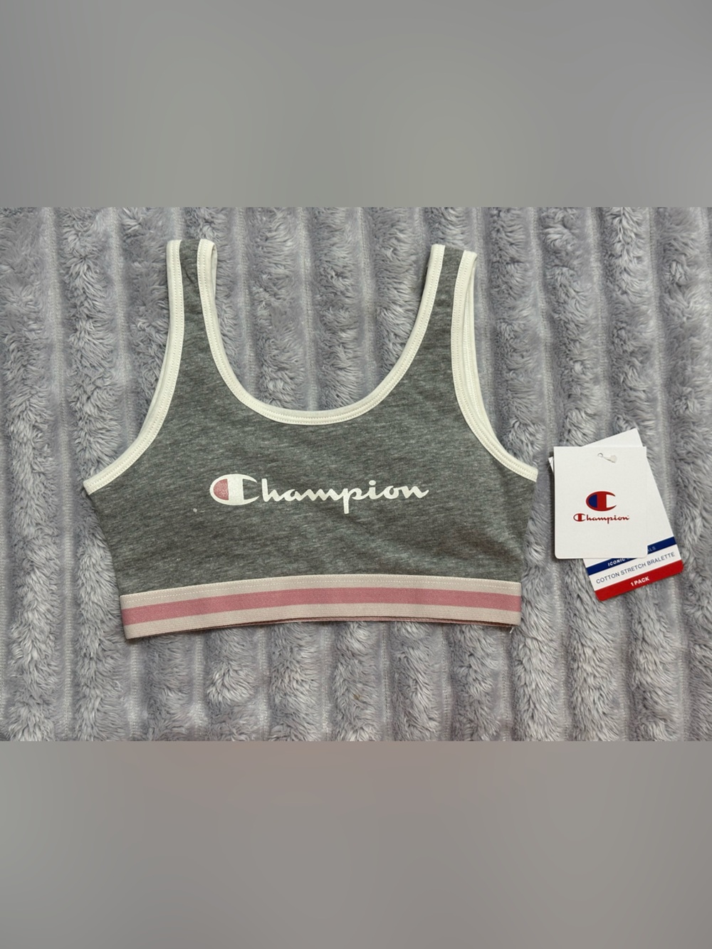 Champion Gray Cropped Tank with Pink Stripe Hem